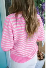 BLOUSE WMS PINK WHITE STRIPE BOW TIE V NECK