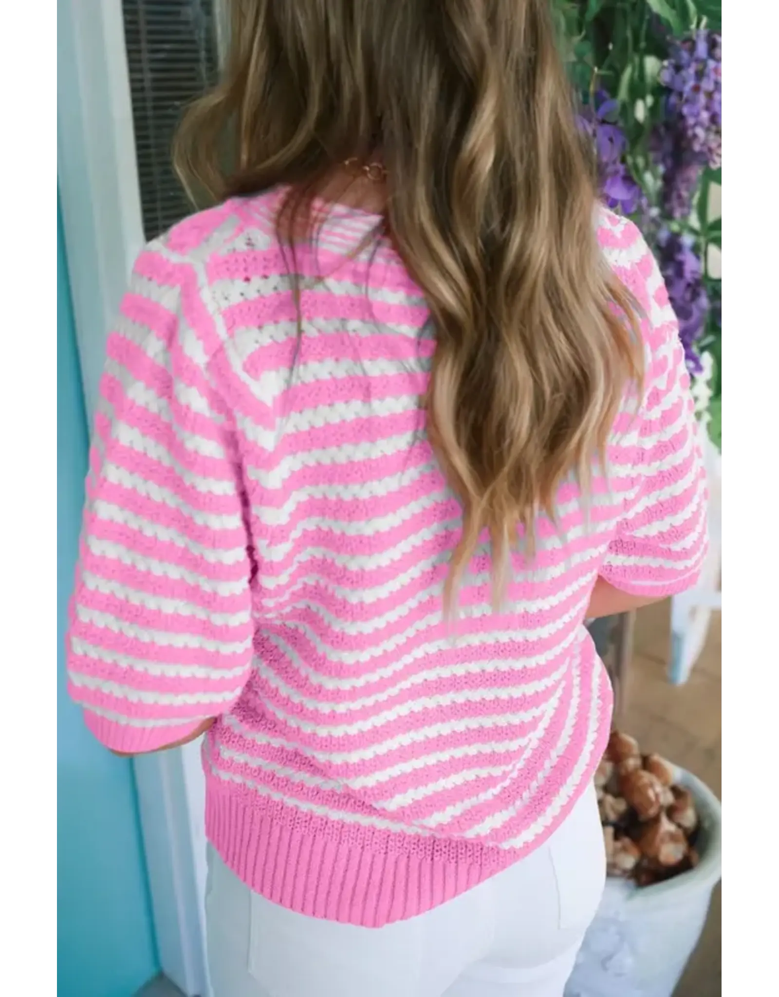 BLOUSE WMS PINK WHITE STRIPE BOW TIE V NECK