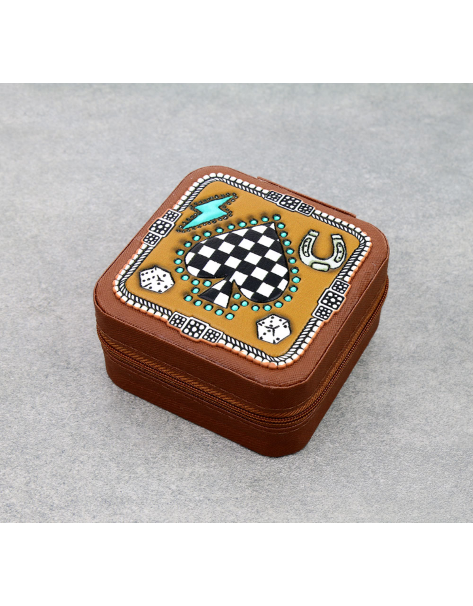 JEWELRY CASE BROWN LEATHER CHECKERED SPADE