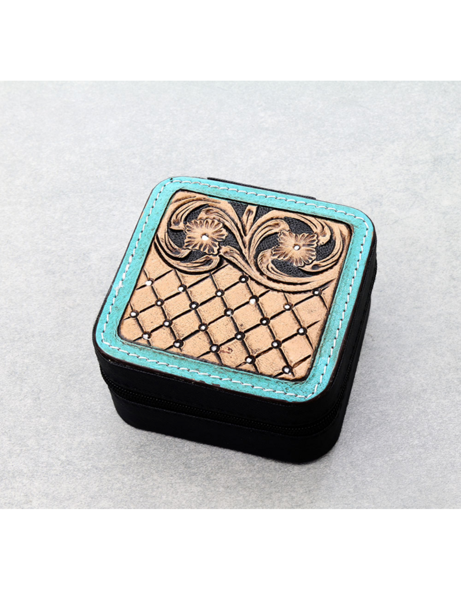 JEWELRY CASE BLACK WITH LEATHER TOOLED PATCHED TURQ EDGE