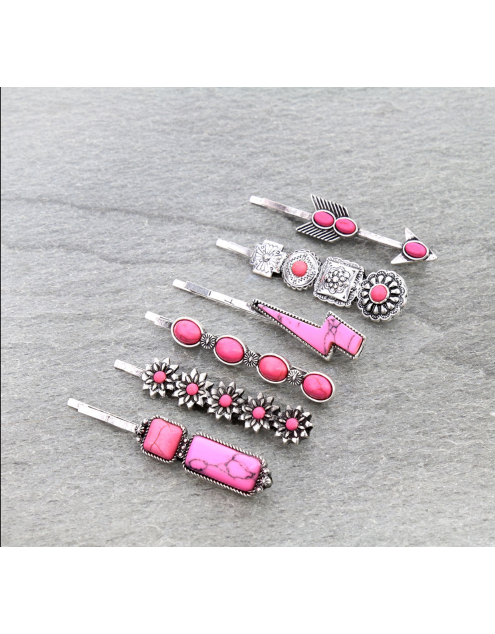 BOBBY PIN SET OF 6 PINK STONES FLOWERS,ARROW, LIGHTNING BOLT