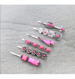 BOBBY PIN SET OF 6 PINK STONES FLOWERS,ARROW, LIGHTNING BOLT