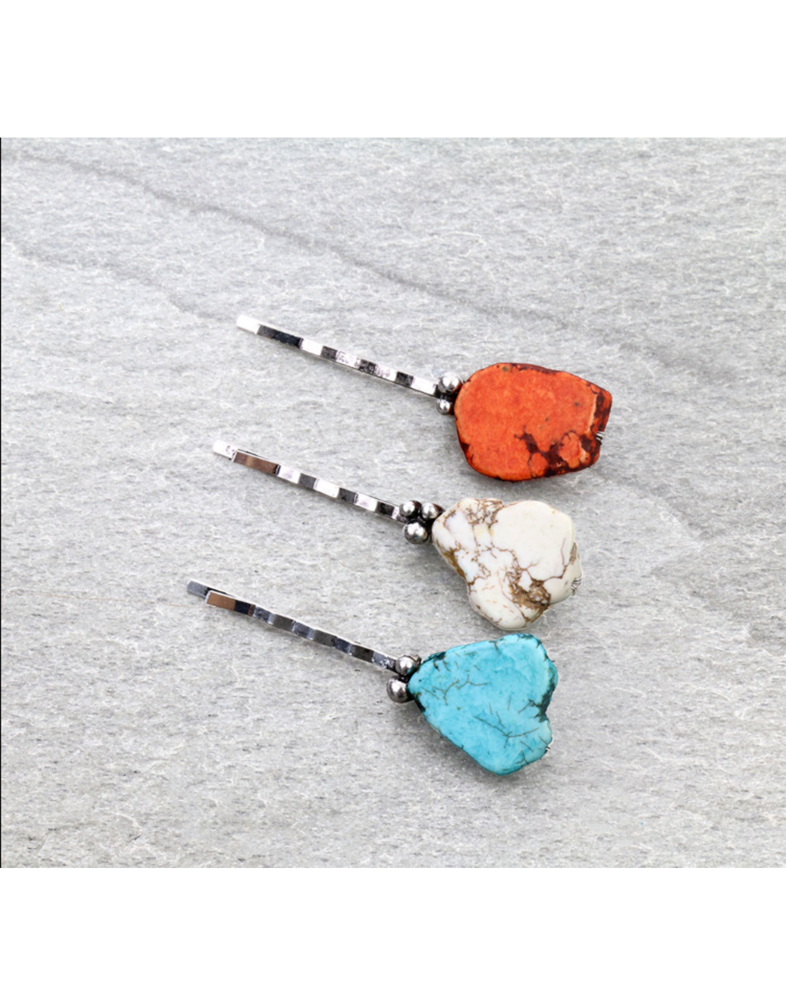 BOBBY PIN SET OF 3 WITH SEMI STONES TURQ, WHT, ORNG
