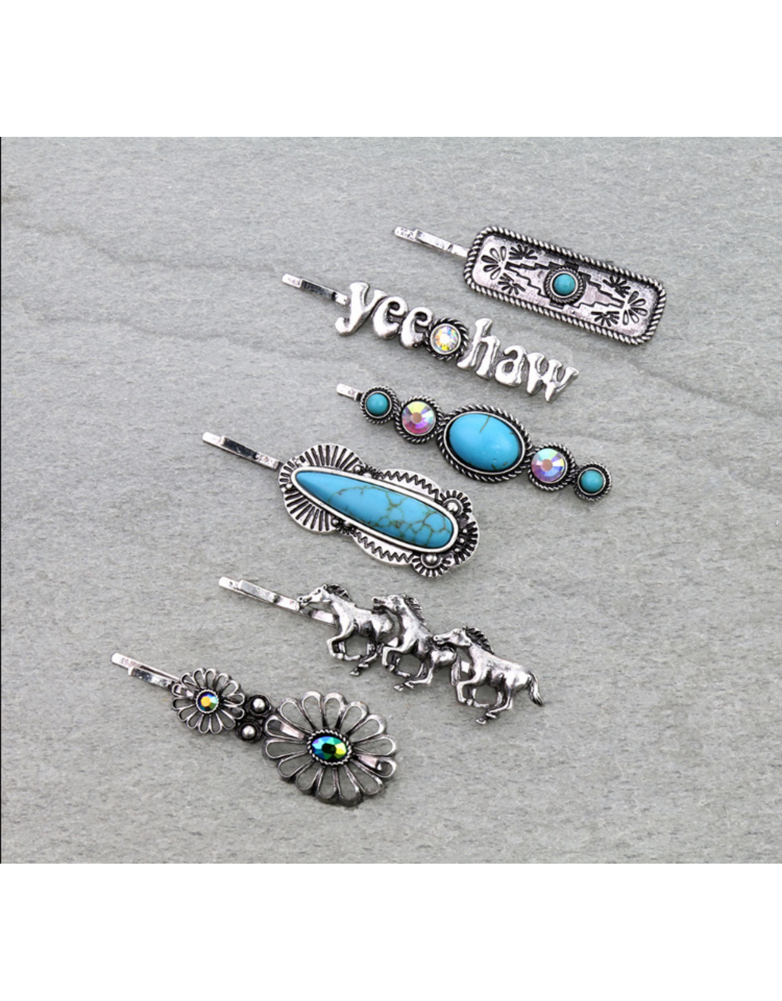BOBBY PINS SET OF 6 TURQUOISE, YEEHAW, HORSES, FLOWERS