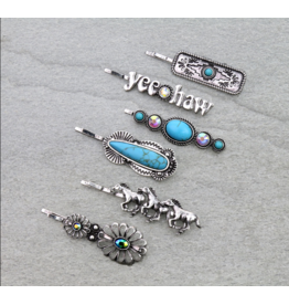 BOBBY PINS SET OF 6 TURQUOISE, YEEHAW, HORSES, FLOWERS