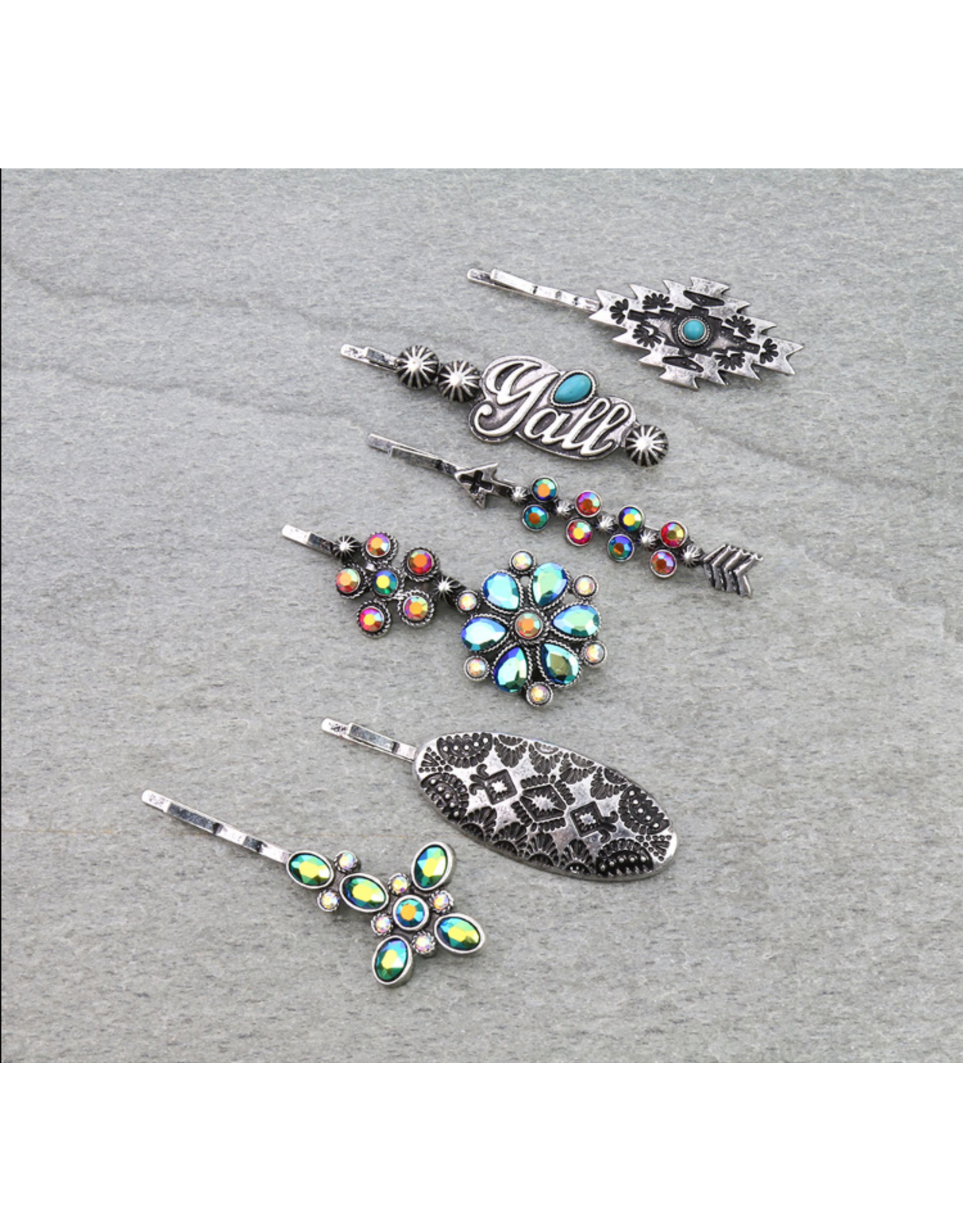 BOBBY PIN WESTERN SET OF 6 TURQ AND GEMSTONE CROSS, FLOWER
