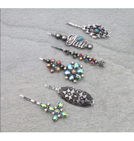 BOBBY PIN WESTERN SET OF 6 TURQ AND GEMSTONE CROSS, FLOWER