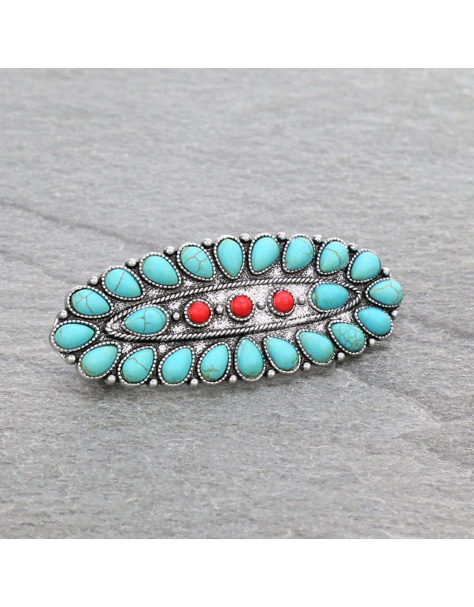 WESTERN HAIR BARRETTE TURQUOISE WITH RED MIDDLE STONES