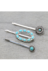 BOBBY PIN SET OF 2 TURQ STONES OVAL, FLOWER