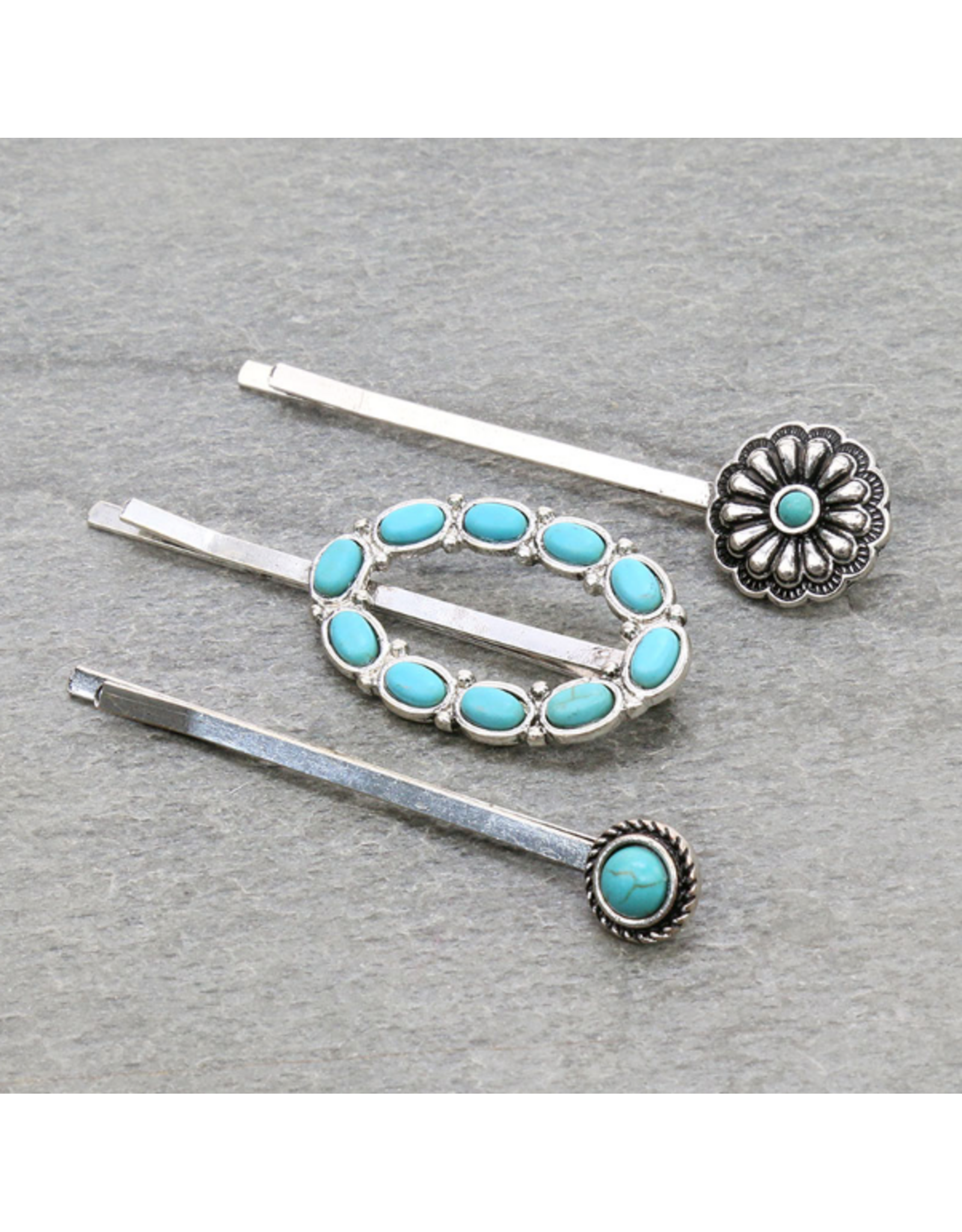BOBBY PIN SET OF 2 TURQ STONES OVAL, FLOWER