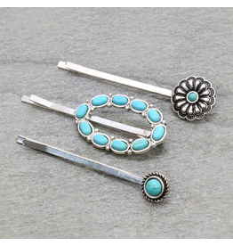 BOBBY PIN SET OF 2 TURQ STONES OVAL, FLOWER