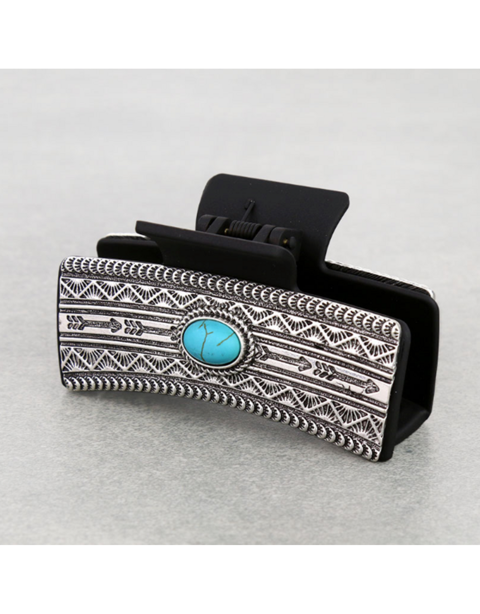 WESTERN HAIR CLAW CLIP METAL AZTEC OVAL TURQ