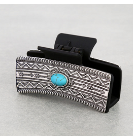WESTERN HAIR CLAW CLIP METAL AZTEC OVAL TURQ