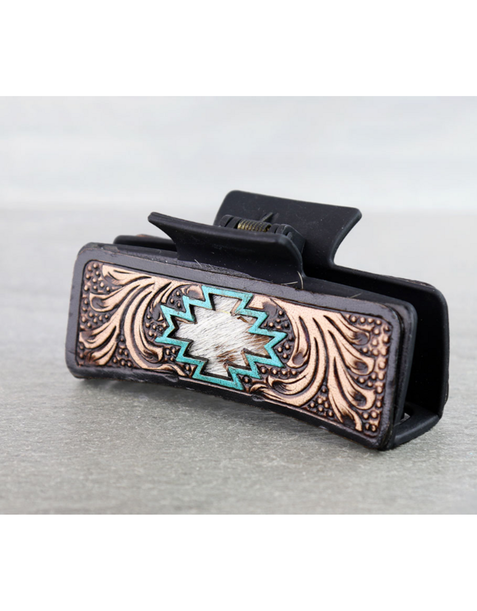 WESTERN CLAW CLIP TOOLED LEATHER COWHIDE AZTEC