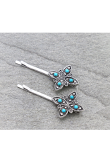 BOBBY PINS SET OF TWO FLOWER WITH TURQUOISE STONES