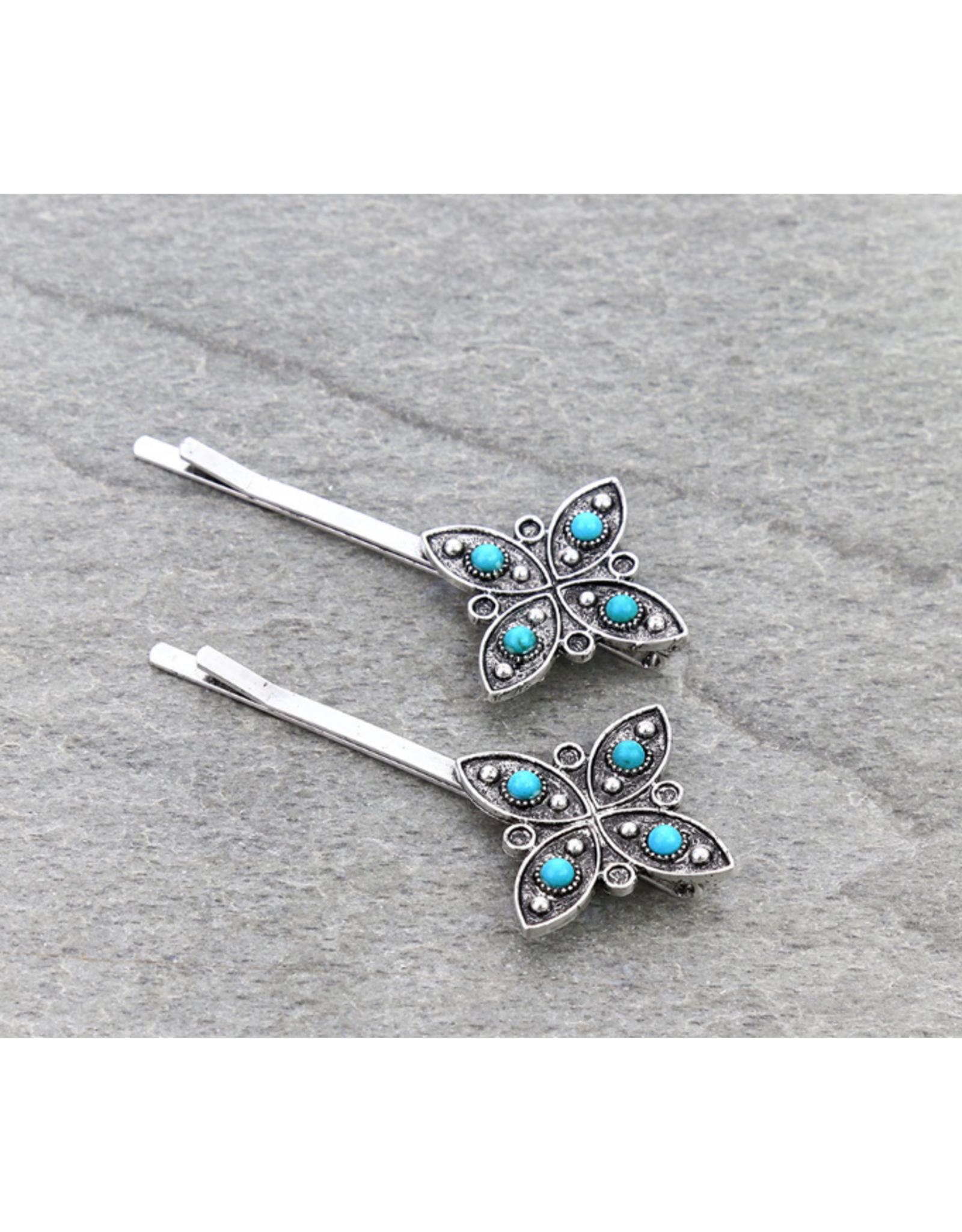 BOBBY PINS SET OF TWO FLOWER WITH TURQUOISE STONES