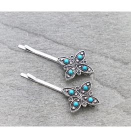 BOBBY PINS SET OF TWO FLOWER WITH TURQUOISE STONES