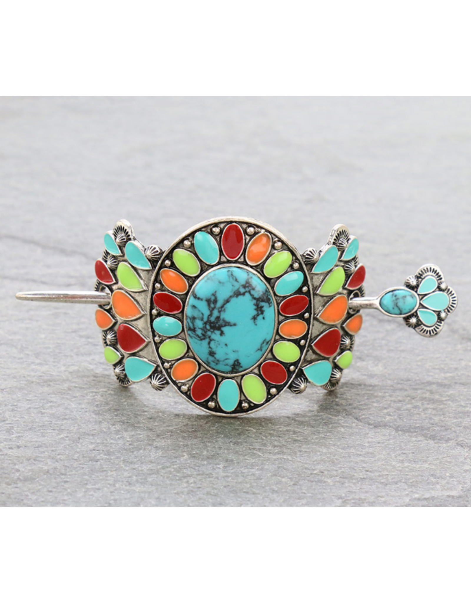 WESTERN HAIR STONE STICK BARRETTE MULTI COLOR CONCHO