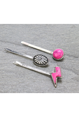 BOBBY PINS SET OF 3 HOT PINK CIRCLE, CONCHO, LIGHTINING BOLT