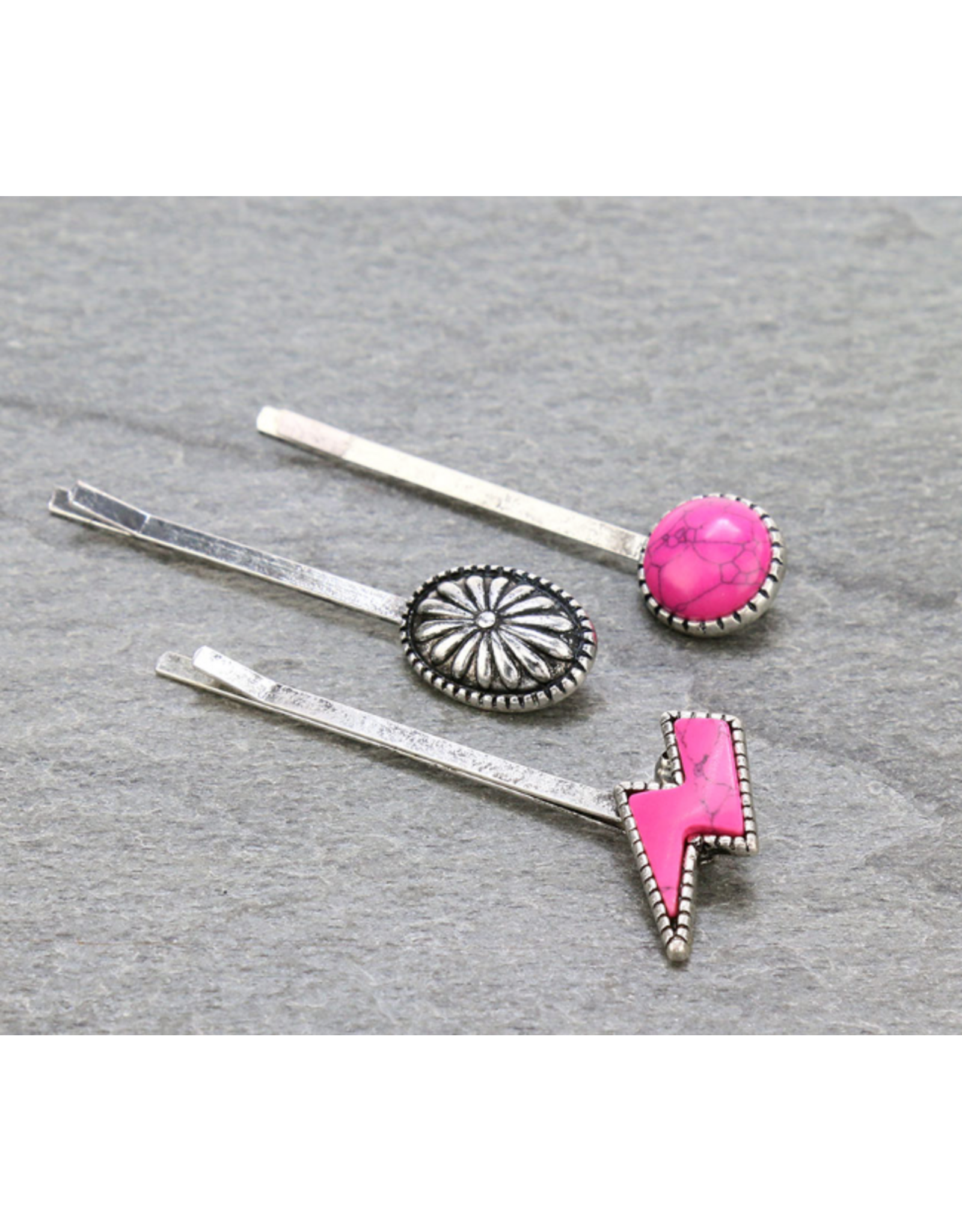 BOBBY PINS SET OF 3 HOT PINK CIRCLE, CONCHO, LIGHTINING BOLT