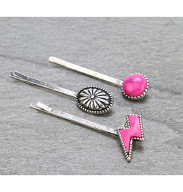BOBBY PINS SET OF 3 HOT PINK CIRCLE, CONCHO, LIGHTINING BOLT