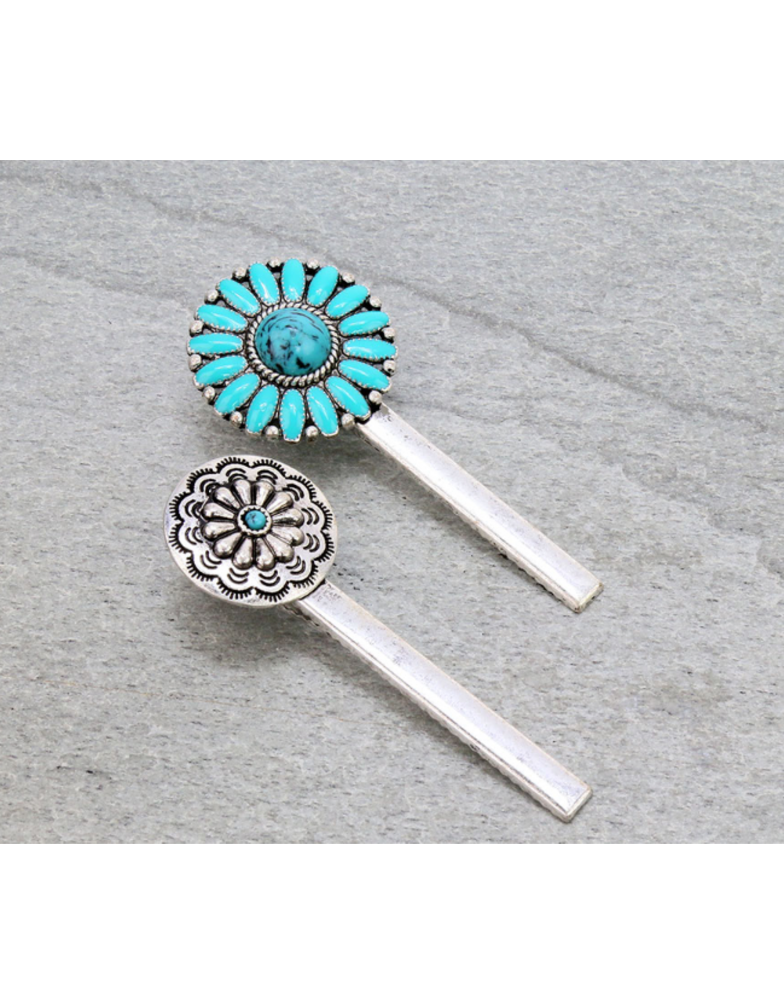 WESTERN HAIR CLIP SET OF 2 TURQUOISE CONCHOS
