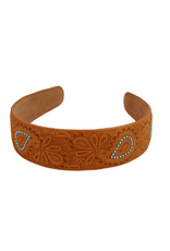 WESTERN HEADBAND LEATHER TOOLED TURQUOISE TEARDROPS