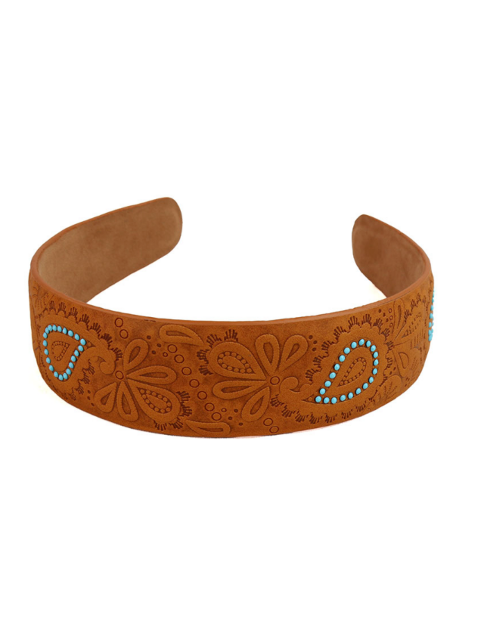 WESTERN HEADBAND LEATHER TOOLED TURQUOISE TEARDROPS