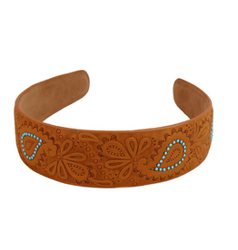 WESTERN HEADBAND LEATHER TOOLED TURQUOISE TEARDROPS