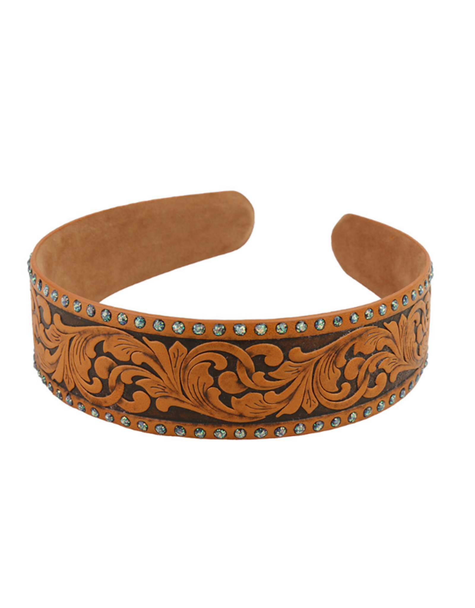 WESTERN HEADBAND LEATHER TOOLED BLACK GEMSTONE EDGE