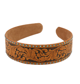 WESTERN HEADBAND LEATHER TOOLED BLACK GEMSTONE EDGE