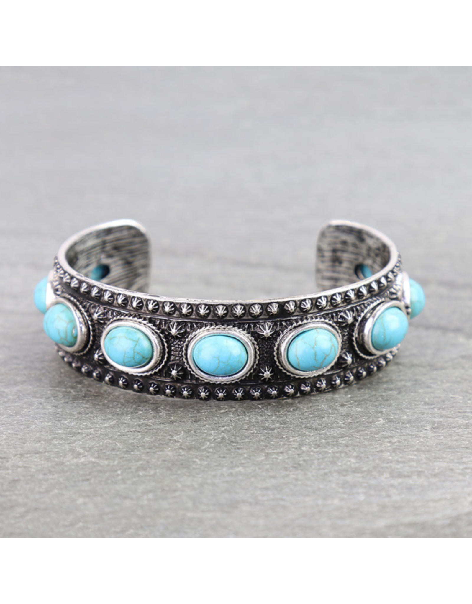 BRACELET CUFF WESTERN ENGRAVED TURQUOISE OVAL STONES