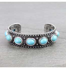 BRACELET CUFF WESTERN ENGRAVED TURQUOISE OVAL STONES