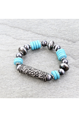 BRACELET STRETCH NAVAJO PEARL TURQUOISE ENGRAVED BARREL