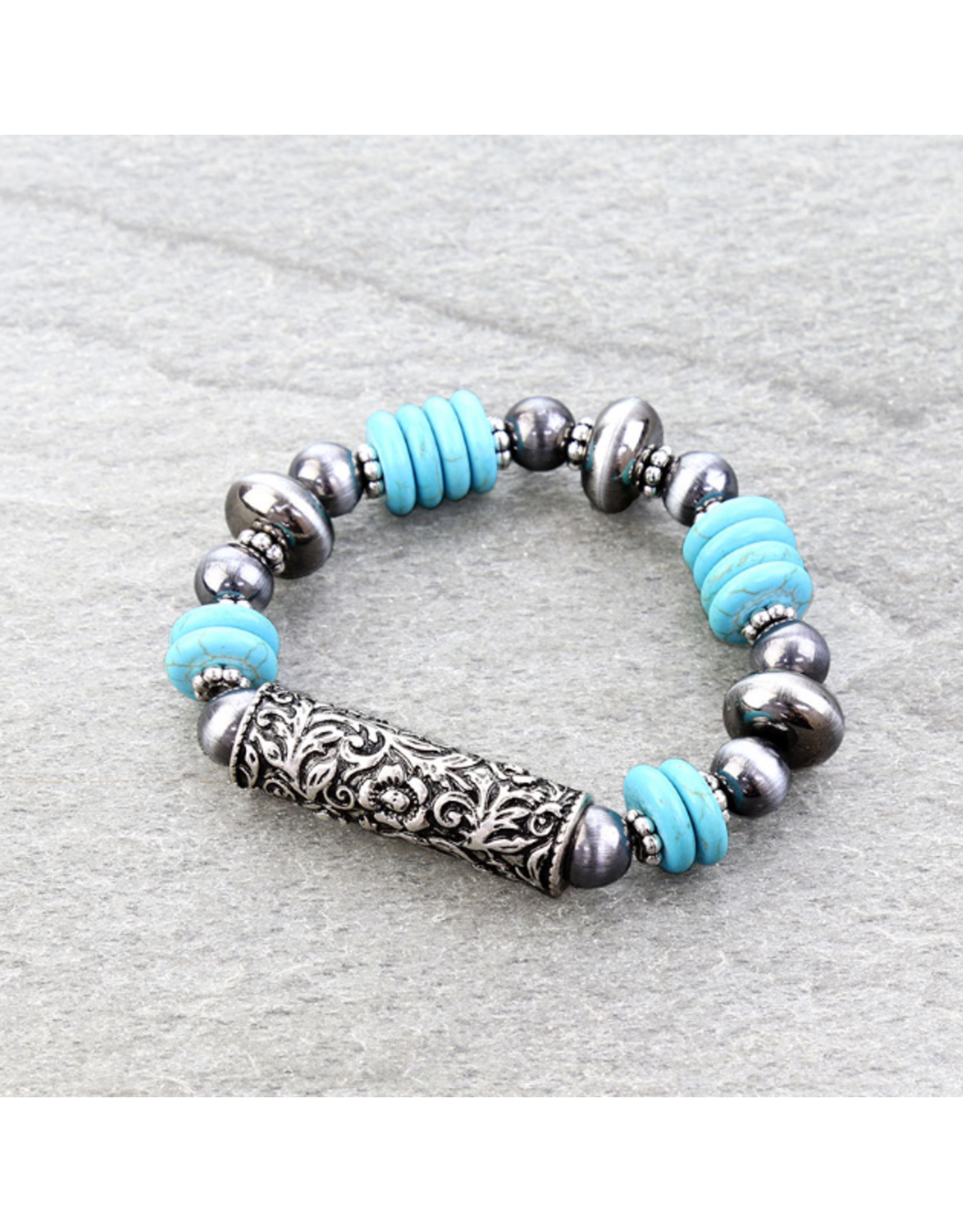 BRACELET STRETCH NAVAJO PEARL TURQUOISE ENGRAVED BARREL