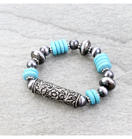 BRACELET STRETCH NAVAJO PEARL TURQUOISE ENGRAVED BARREL