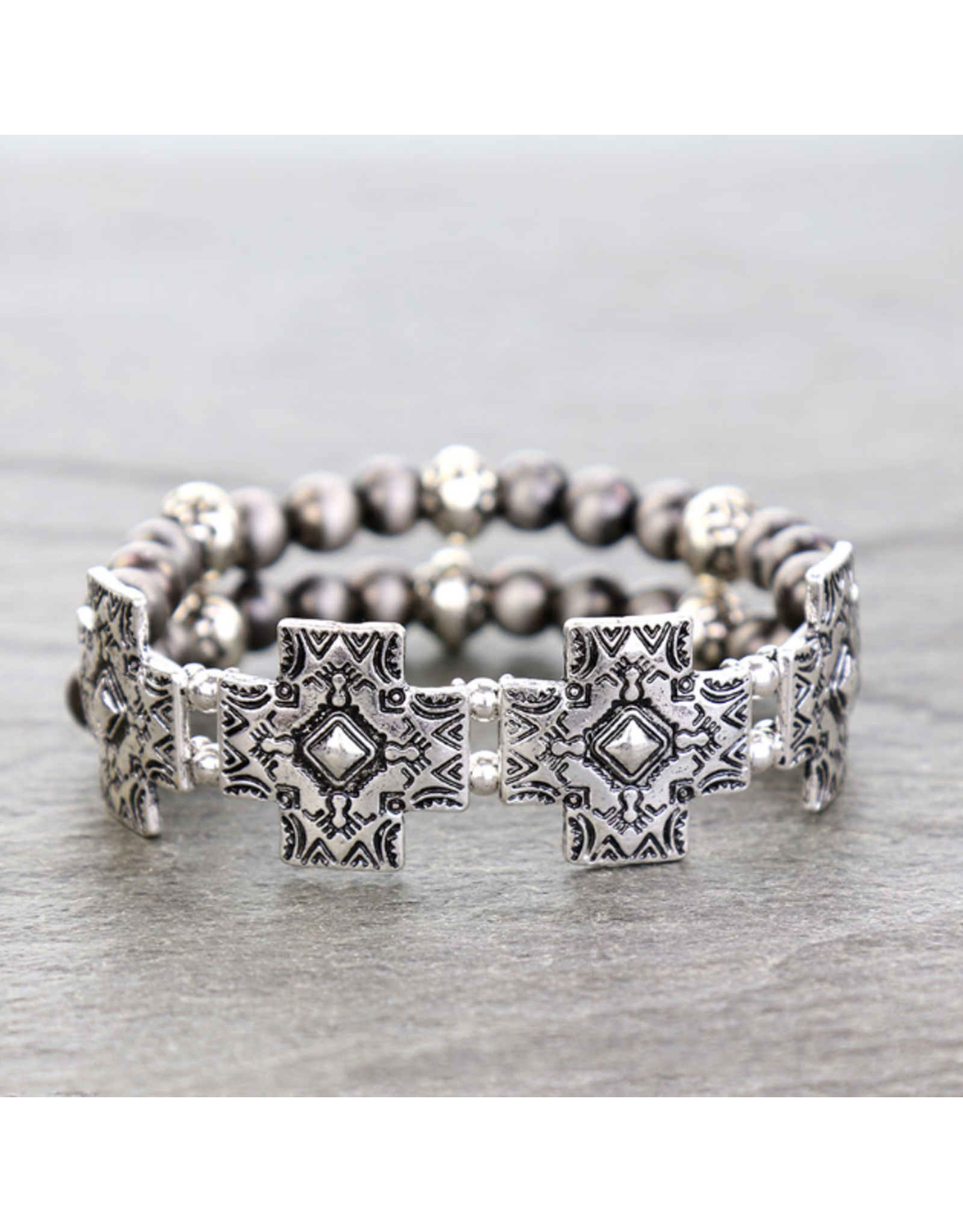 BRACELET STRETCH 2 LAYERED NAVAJO PEARL WITH CROSSES