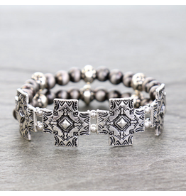 BRACELET STRETCH 2 LAYERED NAVAJO PEARL WITH CROSSES