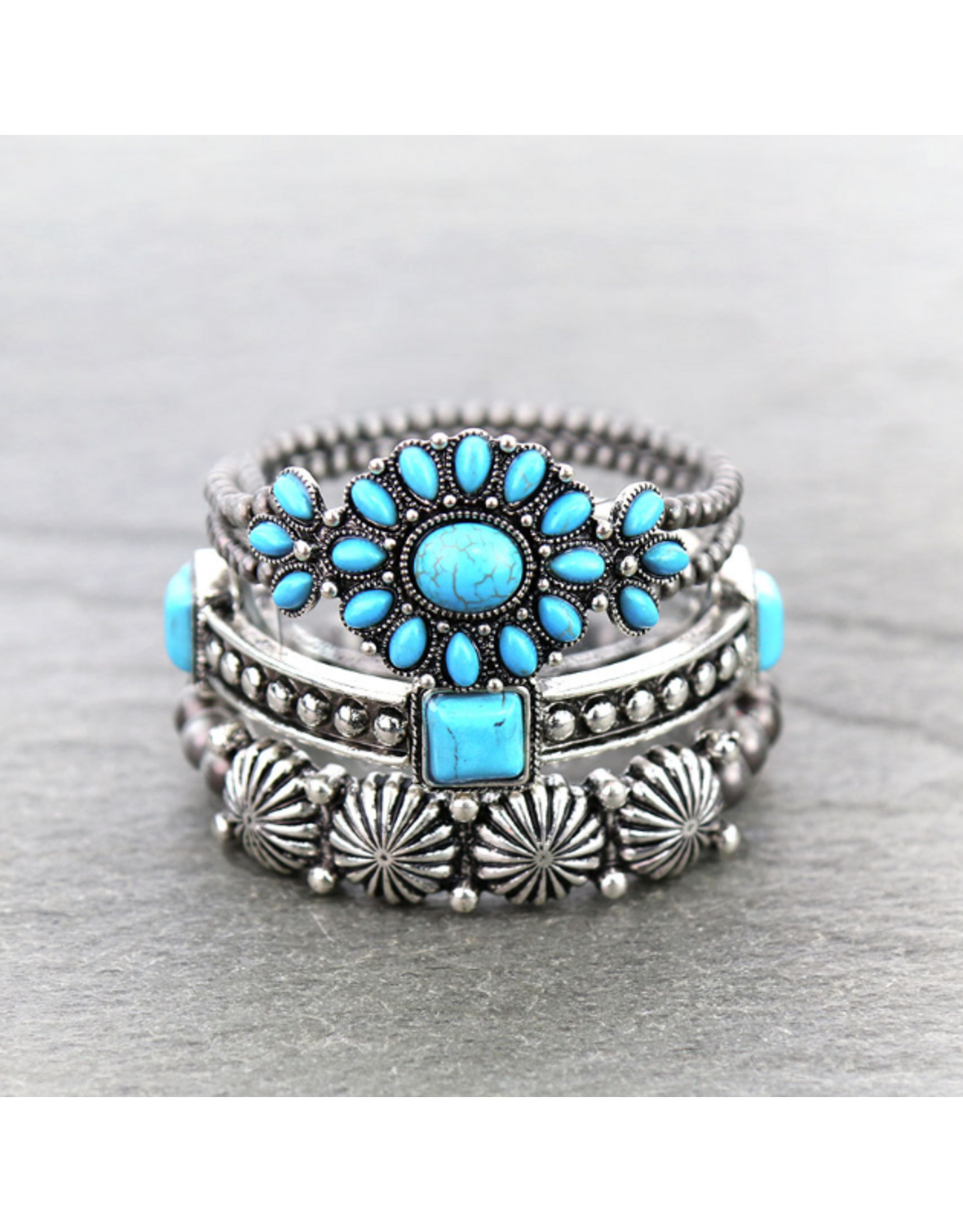 BRACELET STACK NAVAJO PEARL CONCHO, SQUARE TURQUOISE