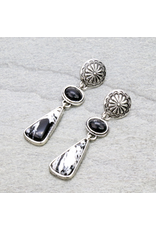 EARRINGS DANGLE WESTERN CONCHO, BLACK & WHITE STONE