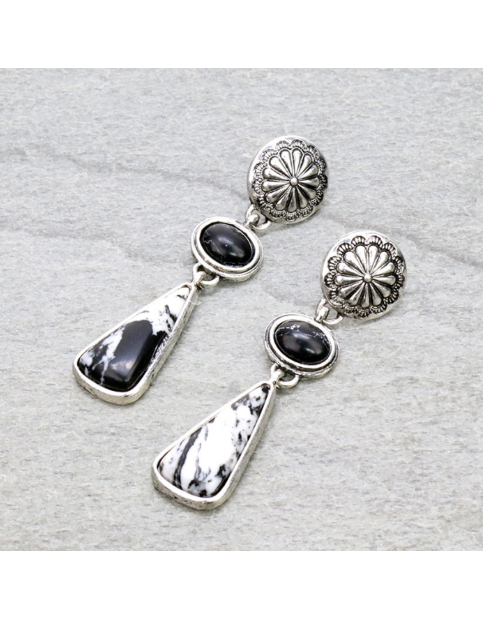 EARRINGS DANGLE WESTERN CONCHO, BLACK & WHITE STONE