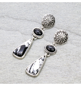 EARRINGS DANGLE WESTERN CONCHO, BLACK & WHITE STONE