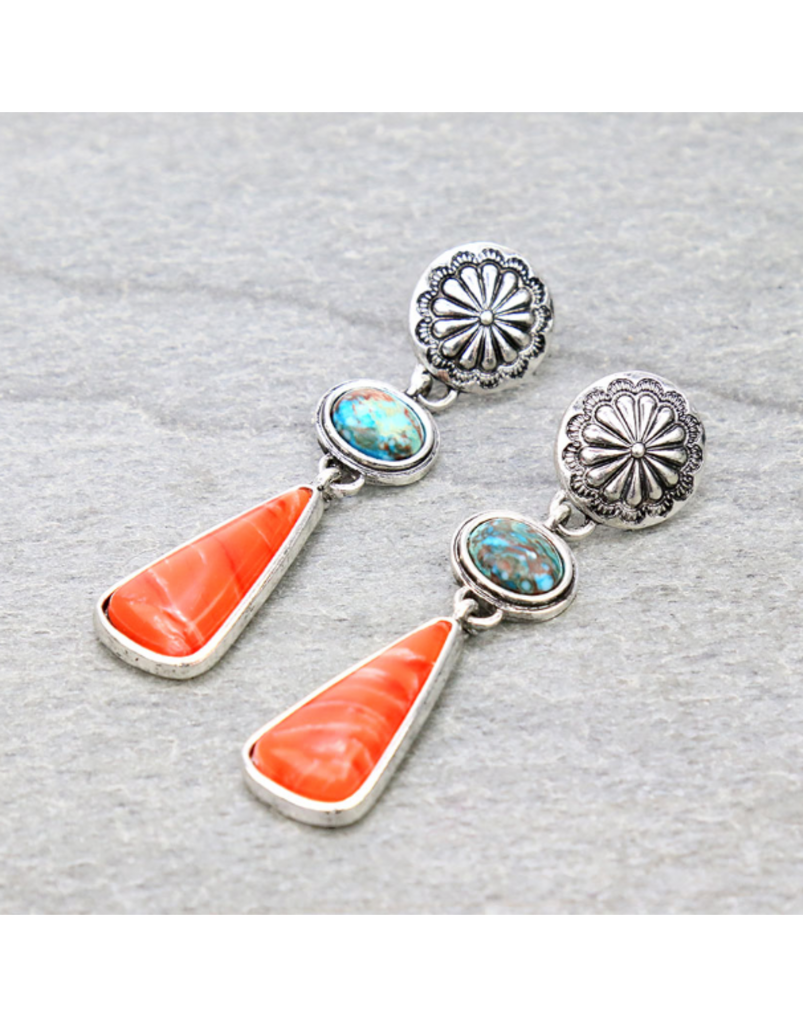 EARRING DANGLE CONCHO WITH ORANGE AND TURQUOISE STONE