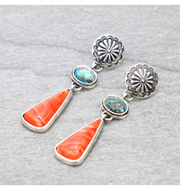 EARRING DANGLE CONCHO WITH ORANGE AND TURQUOISE STONE