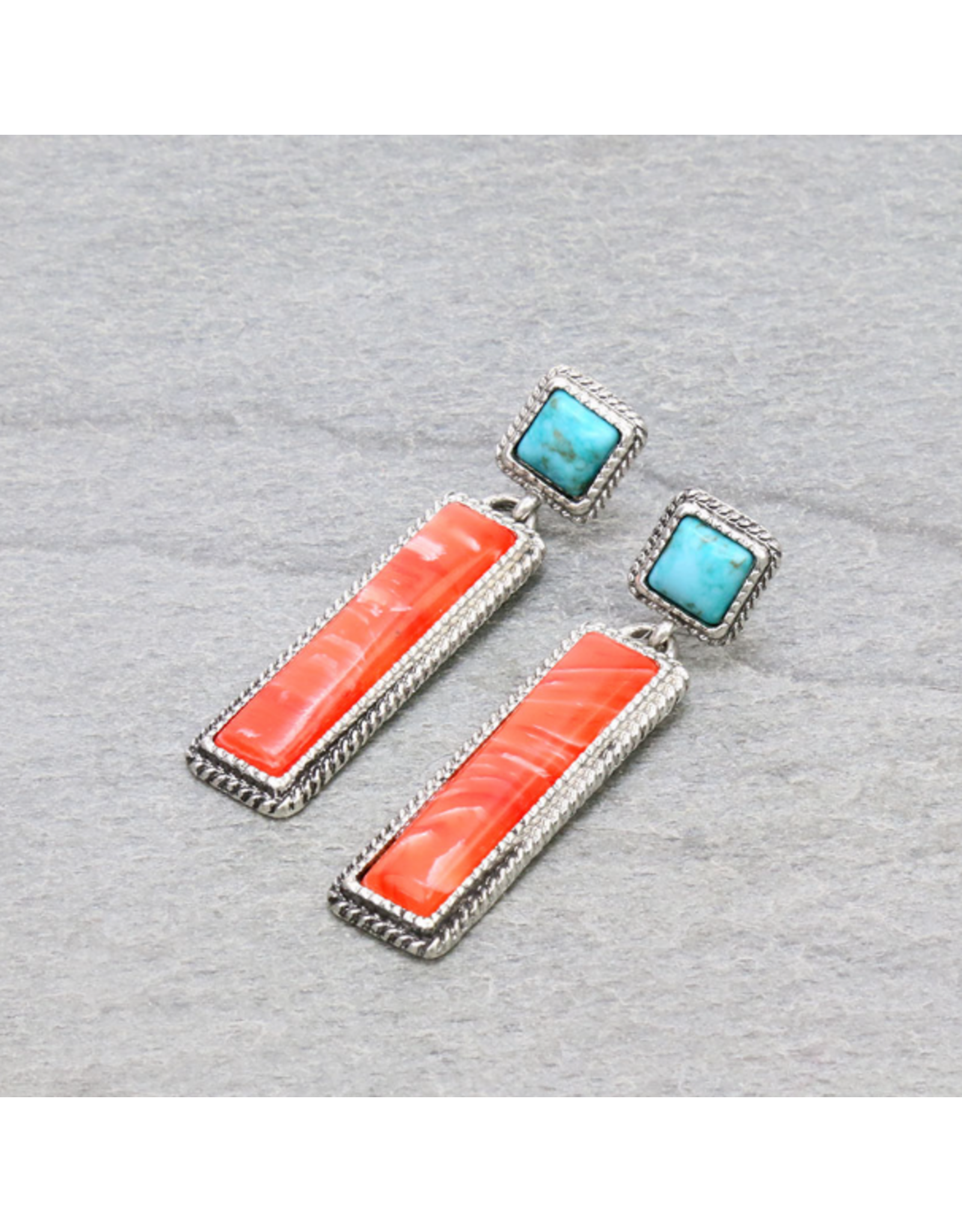 EARRING DANGLE  ORANGE AND TURQUOISE RECTANGLE STONE