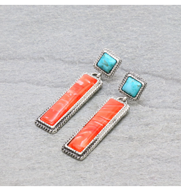 EARRING DANGLE  ORANGE AND TURQUOISE RECTANGLE STONE