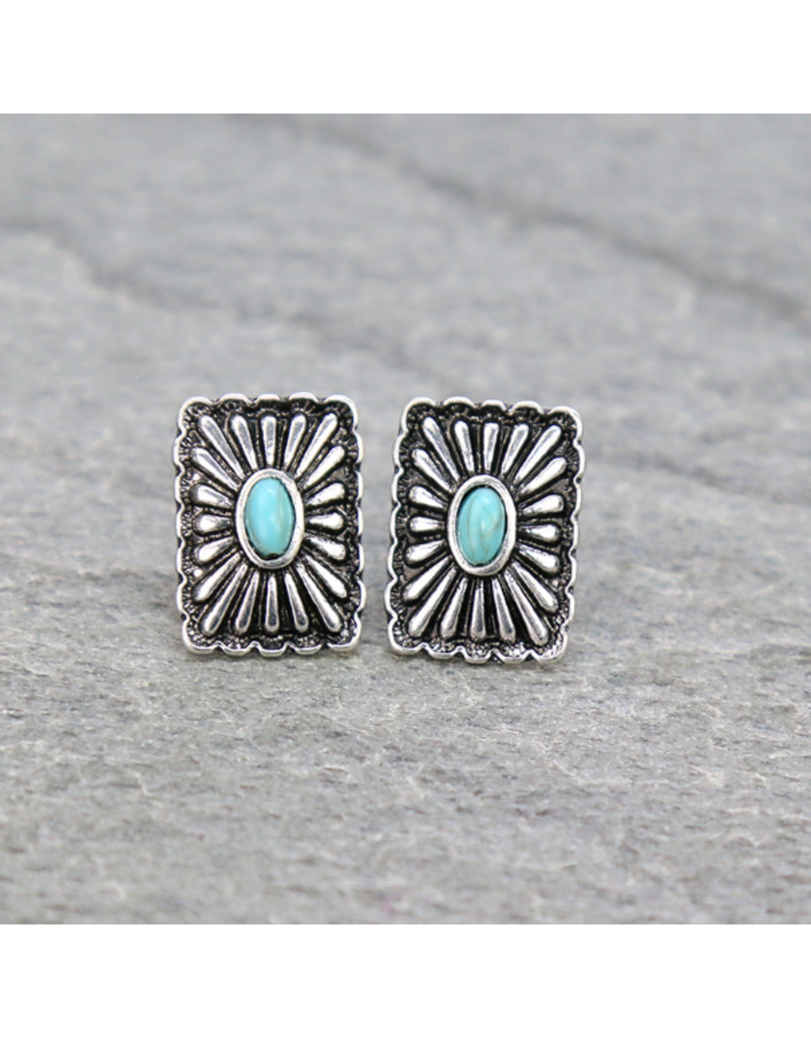 EARRING STUD SQUARE CONCHO WESTERN WITH TURQ STONES