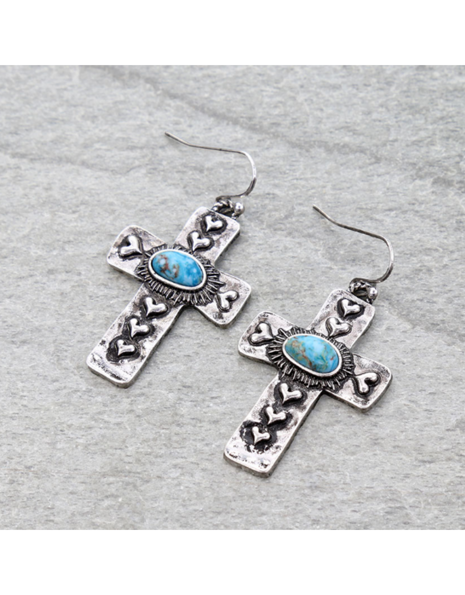 EARRINGS DANGLE CROSS HEARTS WITH TURQ MIDDLE STONES