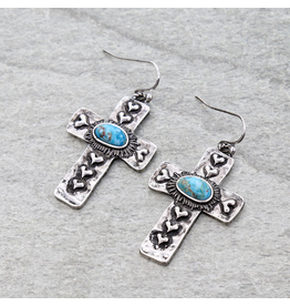 EARRINGS DANGLE CROSS HEARTS WITH TURQ MIDDLE STONES