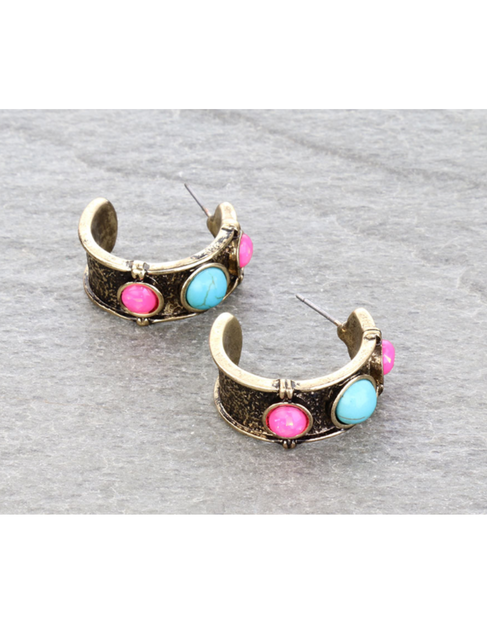 HOOP EARRING TURQUOISE AND PINK STONE